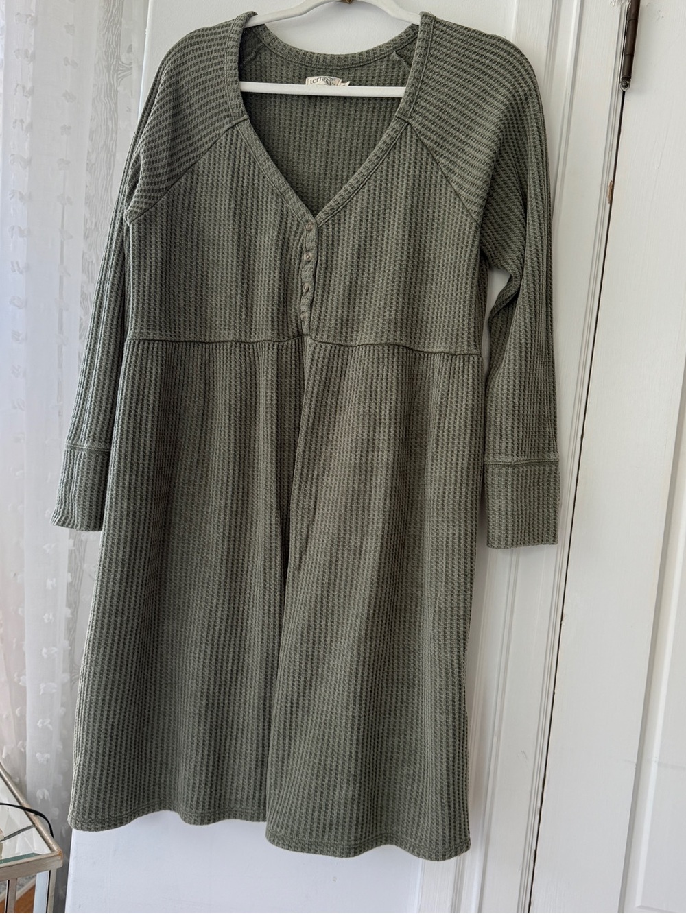 Terra Sky Olive Waffle-Knit V-Neck Dress with Button Placket